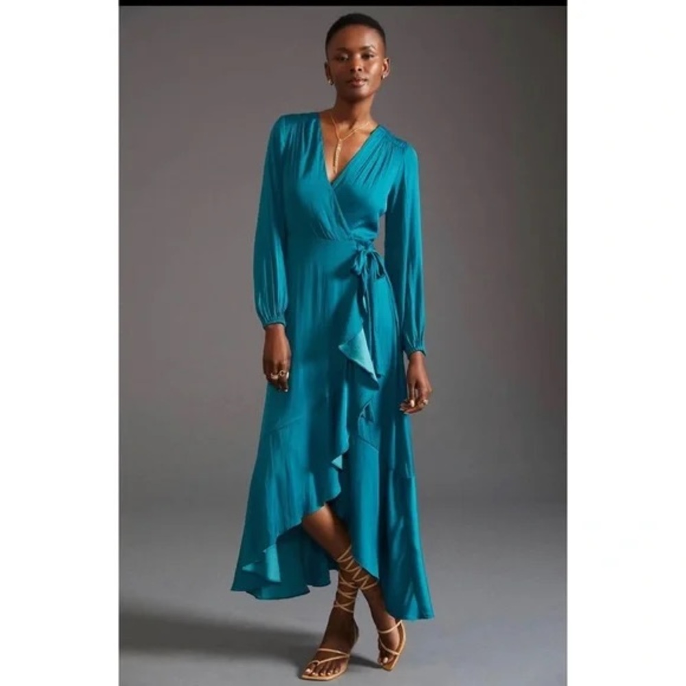 Anthropologie Maeve V-Neck Wrap Maxi Dress in Turquoise Size Large